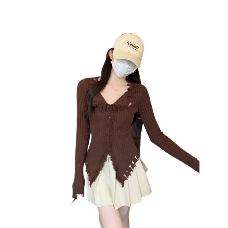 Pure desire style design, fringed V-neck sweater, women's autumn and winter new style, slim fit and slimming, niche and unique