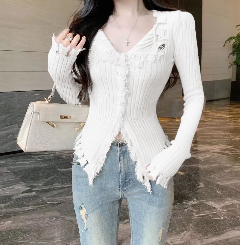 Pure desire style design, fringed V-neck sweater, women's autumn and winter new style, slim fit and slimming, niche and unique