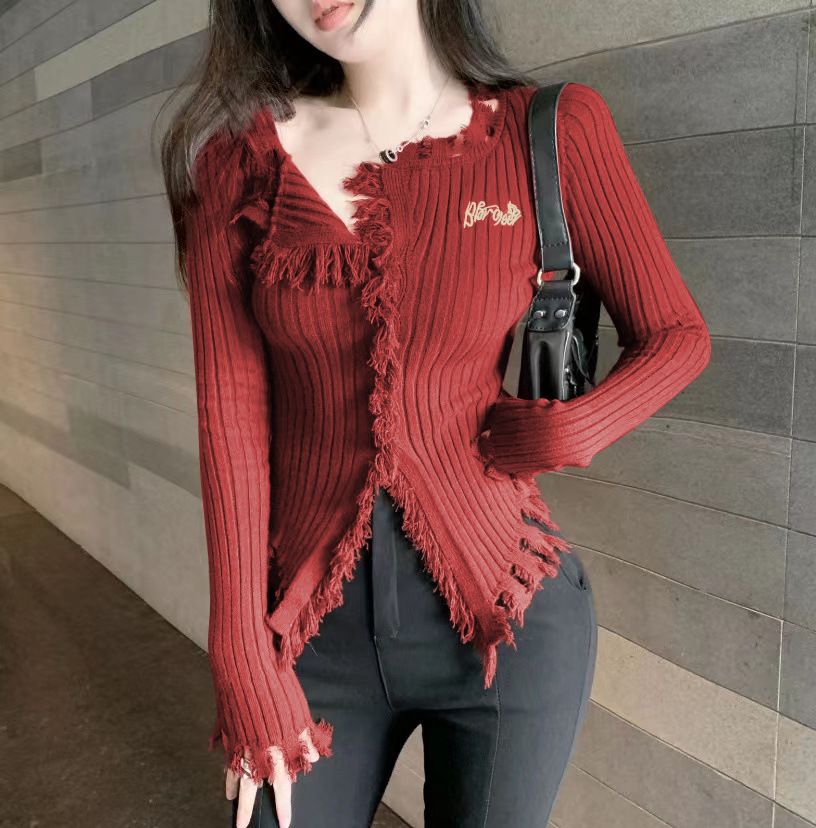 Pure desire style design, fringed V-neck sweater, women's autumn and winter new style, slim fit and slimming, niche and unique