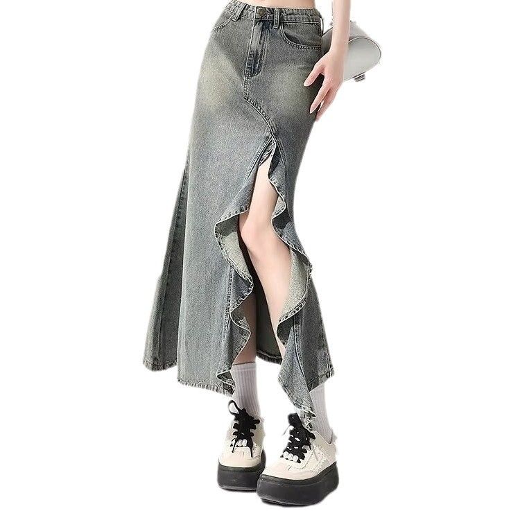 Irregular slit denim skirt with fish tail, women's retro lace high waist mid length, niche design, hip hugging skirt