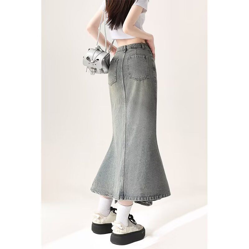 Irregular slit denim skirt with fish tail, women's retro lace high waist mid length, niche design, hip hugging skirt