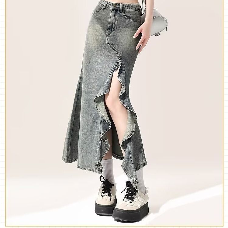 Irregular slit denim skirt with fish tail, women's retro lace high waist mid length, niche design, hip hugging skirt