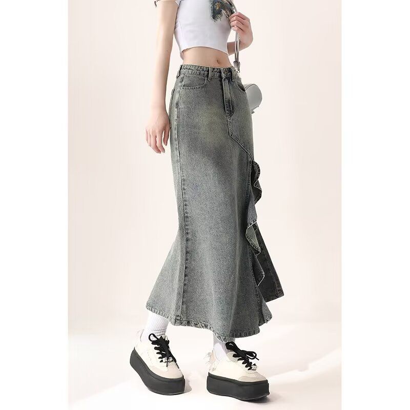 Irregular slit denim skirt with fish tail, women's retro lace high waist mid length, niche design, hip hugging skirt