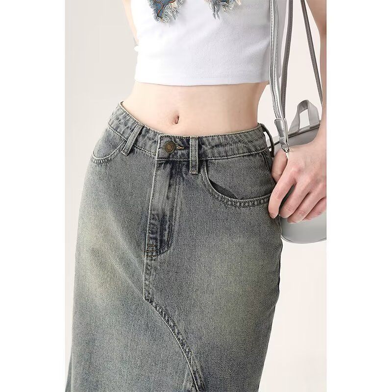 Irregular slit denim skirt with fish tail, women's retro lace high waist mid length, niche design, hip hugging skirt
