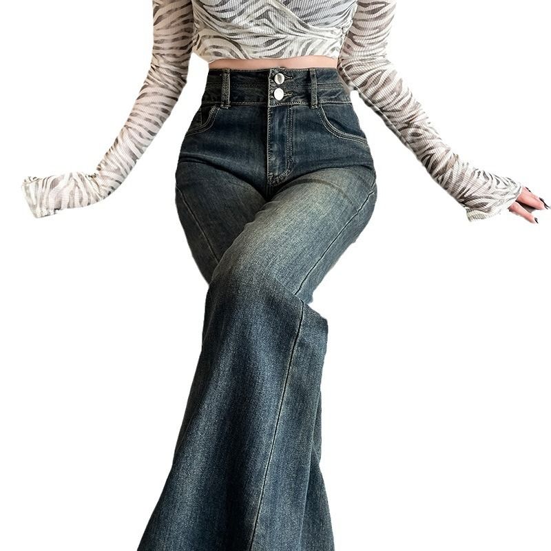 Cement gray retro micro flared jeans for women in spring 2024, new loose crotch covering narrow version, slimming and floor dragging horseshoe pants