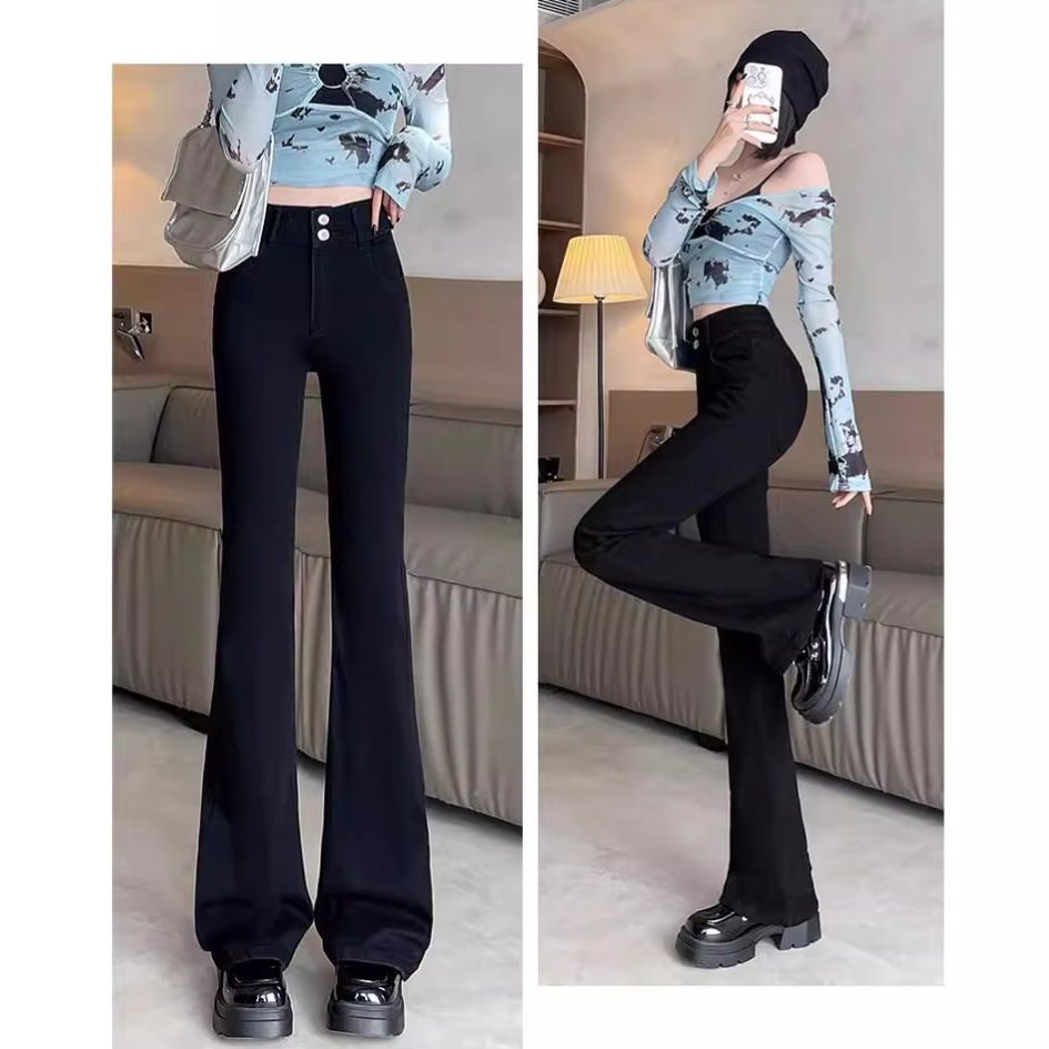 Cement gray retro micro flared jeans for women in spring 2024, new loose crotch covering narrow version, slimming and floor dragging horseshoe pants