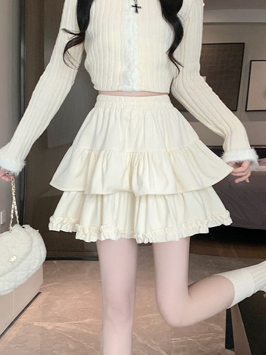 Velvet fluffy midi skirt for women in spring, autumn, and winter. New high waisted slimming double layered patchwork anti glare pleated cake skirt