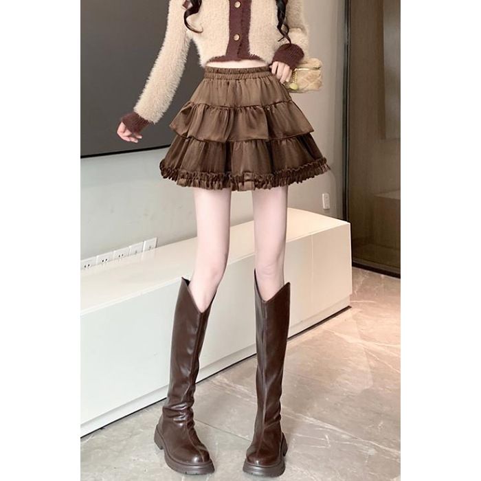 Velvet fluffy midi skirt for women in spring, autumn, and winter. New high waisted slimming double layered patchwork anti glare pleated cake skirt