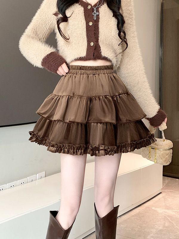 Velvet fluffy midi skirt for women in spring, autumn, and winter. New high waisted slimming double layered patchwork anti glare pleated cake skirt
