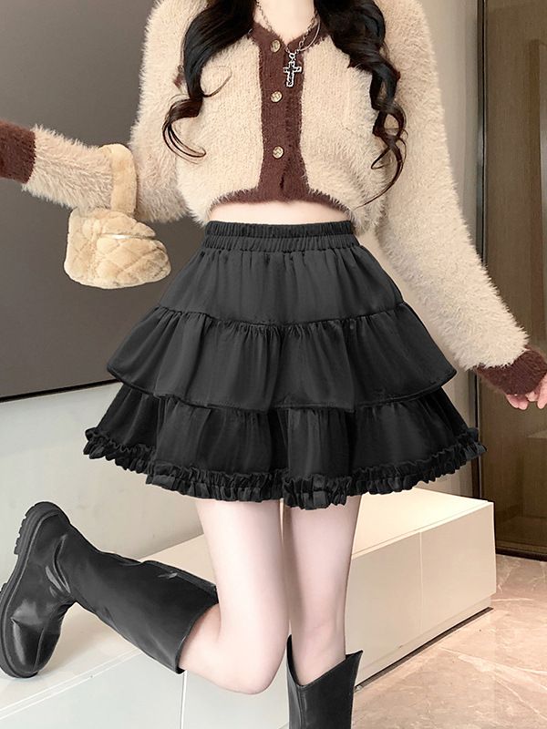 Velvet fluffy midi skirt for women in spring, autumn, and winter. New high waisted slimming double layered patchwork anti glare pleated cake skirt