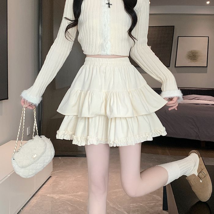 Velvet fluffy midi skirt for women in spring, autumn, and winter. New high waisted slimming double layered patchwork anti glare pleated cake skirt