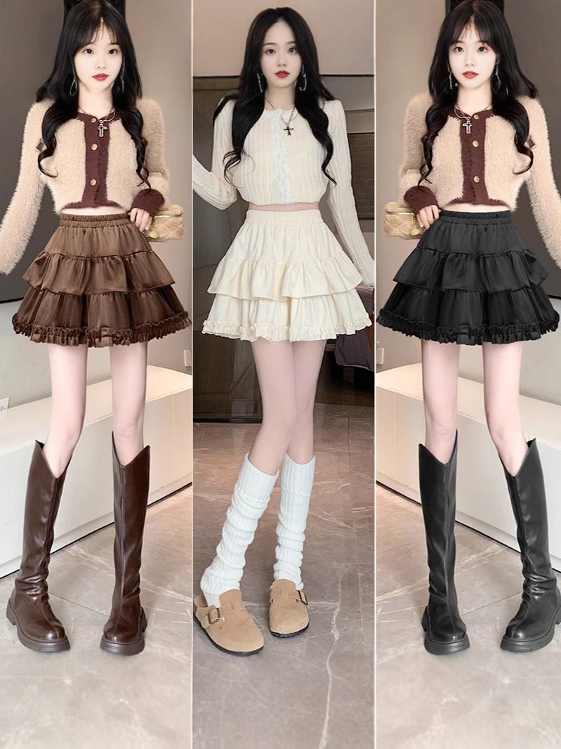 Velvet fluffy midi skirt for women in spring, autumn, and winter. New high waisted slimming double layered patchwork anti glare pleated cake skirt