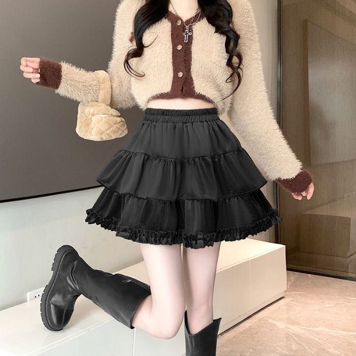 Velvet fluffy midi skirt for women in spring, autumn, and winter. New high waisted slimming double layered patchwork anti glare pleated cake skirt