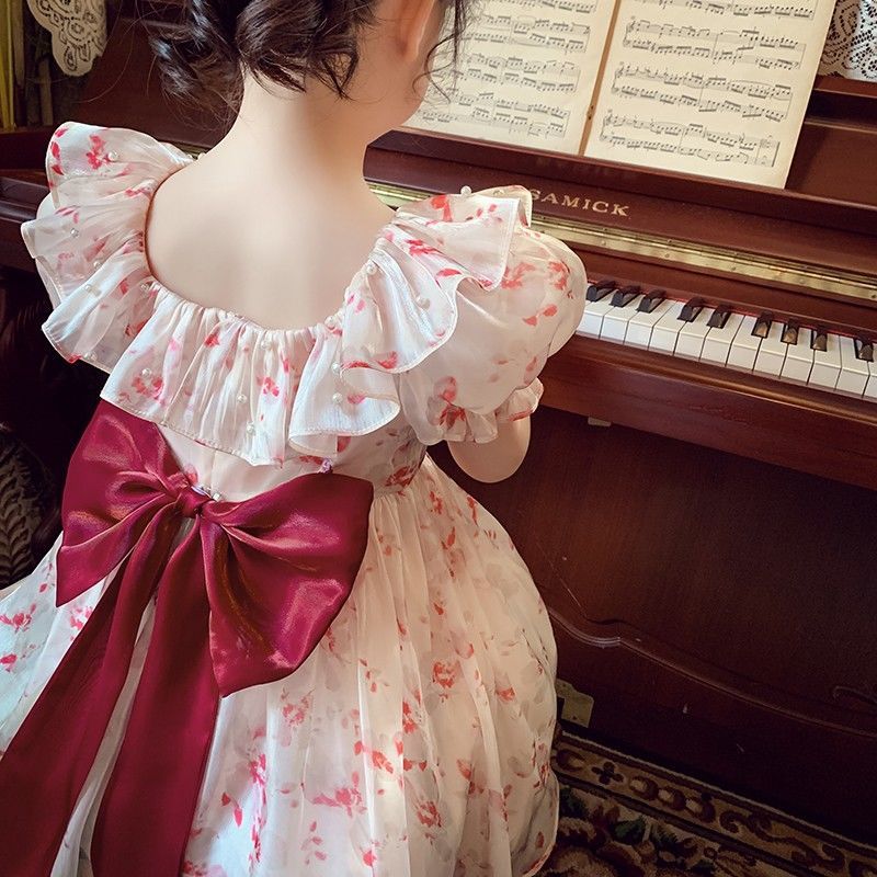 Girls' dress, summer dress, western-style children's internet famous bubble sleeve princess dress, girls' floral chiffon dress