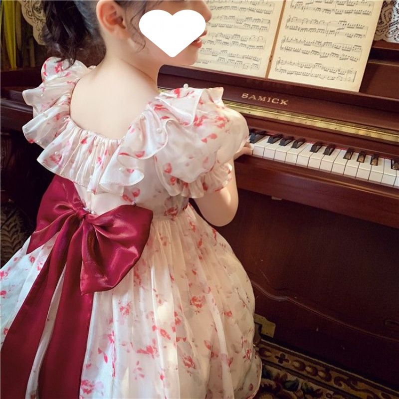 Girls' dress, summer dress, western-style children's internet famous bubble sleeve princess dress, girls' floral chiffon dress