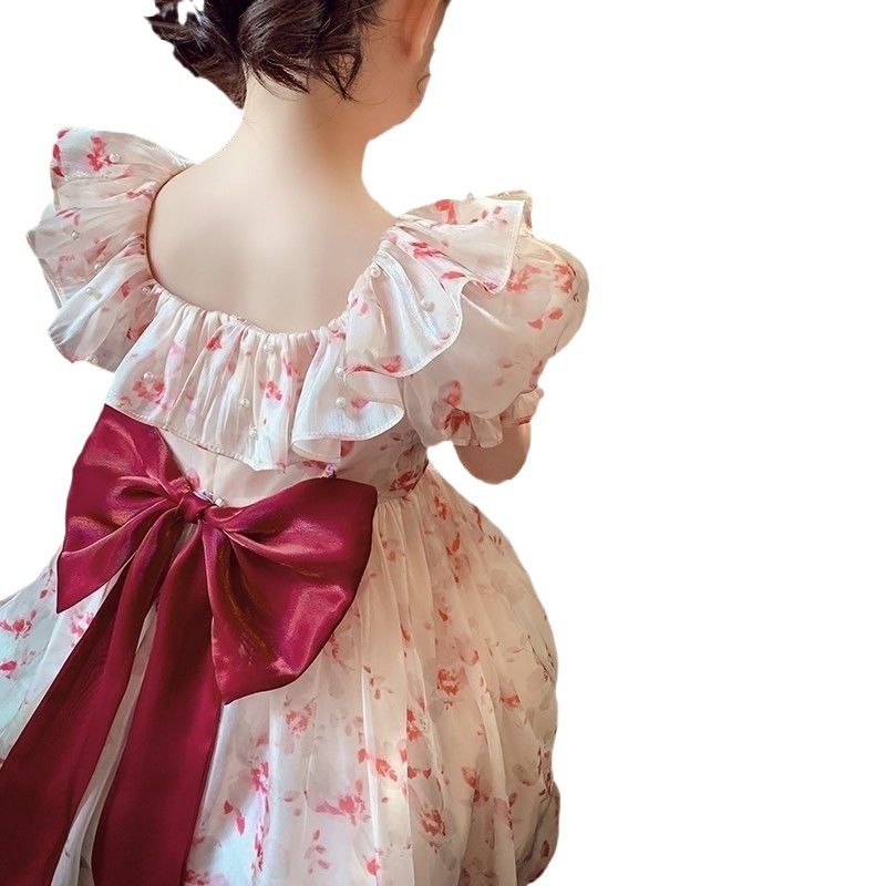 Girls' dress, summer dress, western-style children's internet famous bubble sleeve princess dress, girls' floral chiffon dress