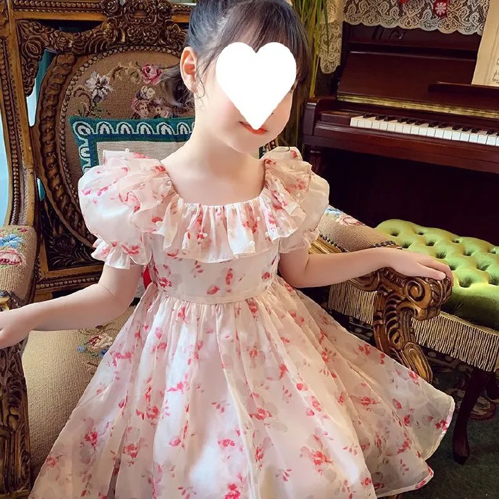 Girls' dress, summer dress, western-style children's internet famous bubble sleeve princess dress, girls' floral chiffon dress