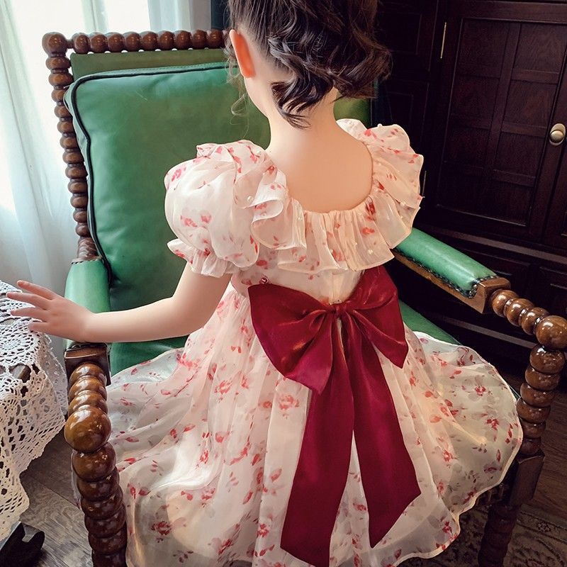 Girls' dress, summer dress, western-style children's internet famous bubble sleeve princess dress, girls' floral chiffon dress