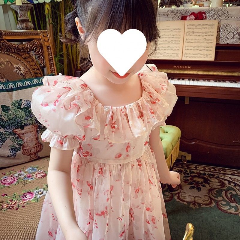 Girls' dress, summer dress, western-style children's internet famous bubble sleeve princess dress, girls' floral chiffon dress