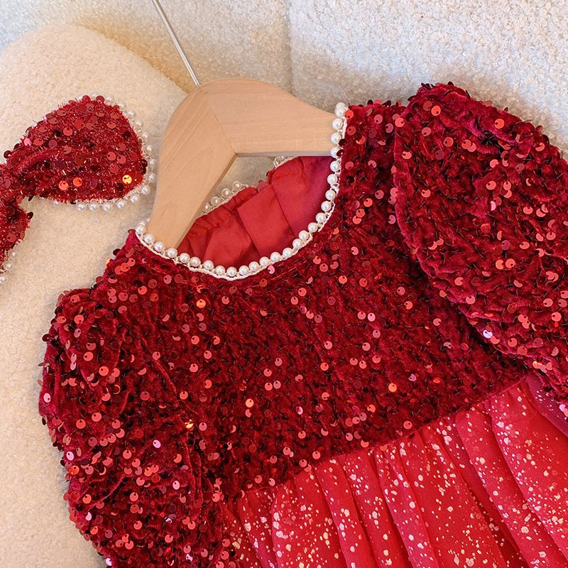 Girls' winter dress with velvet princess dress, children's treasure super fairy sequin dress, versatile long sleeved mesh dress