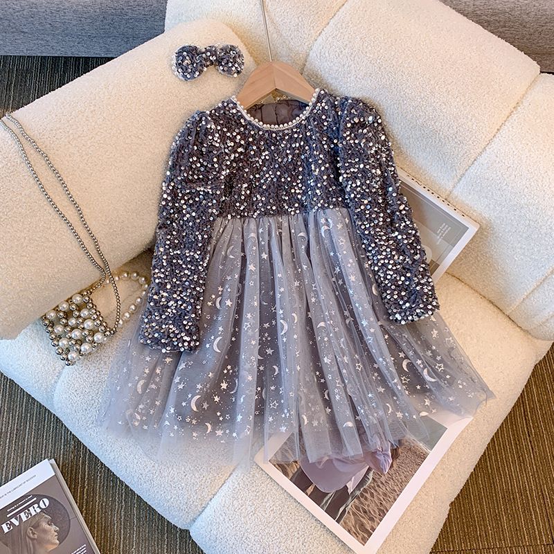 Girls' winter dress with velvet princess dress, children's treasure super fairy sequin dress, versatile long sleeved mesh dress