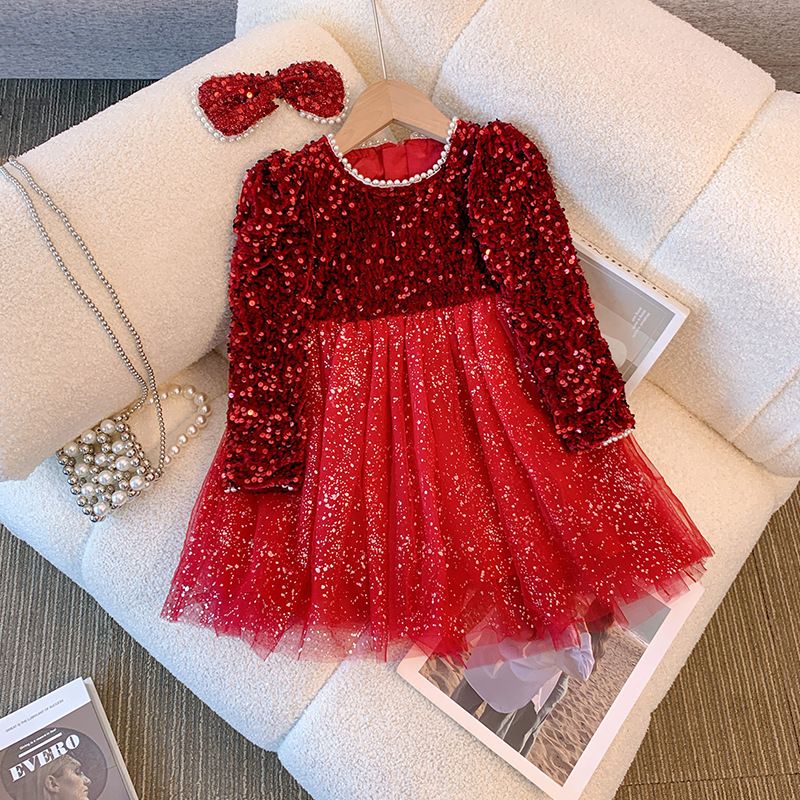 Girls' winter dress with velvet princess dress, children's treasure super fairy sequin dress, versatile long sleeved mesh dress