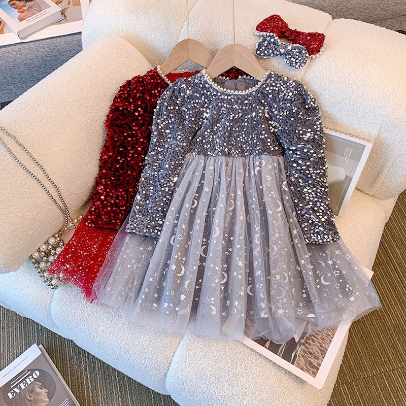 Girls' winter dress with velvet princess dress, children's treasure super fairy sequin dress, versatile long sleeved mesh dress