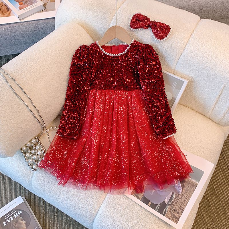 Girls' winter dress with velvet princess dress, children's treasure super fairy sequin dress, versatile long sleeved mesh dress