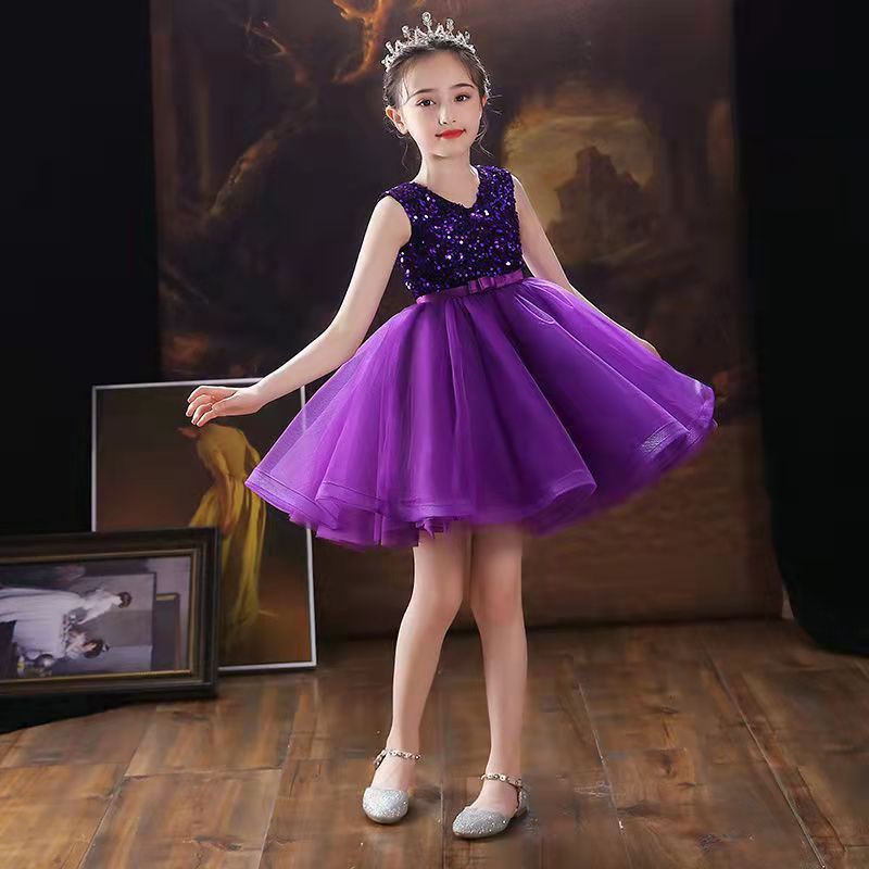 Girls' evening dress, children's host princess dress, fluffy long sleeved dress, sequined runway show performance, autumn and winter