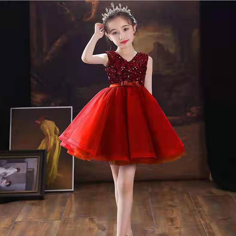 Girls' evening dress, children's host princess dress, fluffy long sleeved dress, sequined runway show performance, autumn and winter