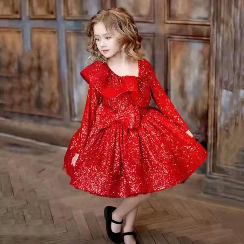 Girls' evening dress, children's host princess dress, fluffy long sleeved dress, sequined runway show performance, autumn and winter