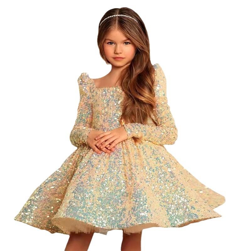 Girls' evening dress, children's host princess dress, fluffy long sleeved dress, sequined runway show performance, autumn and winter