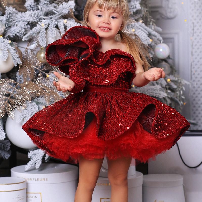 Girls' evening dress, children's host princess dress, fluffy long sleeved dress, sequined runway show performance, autumn and winter