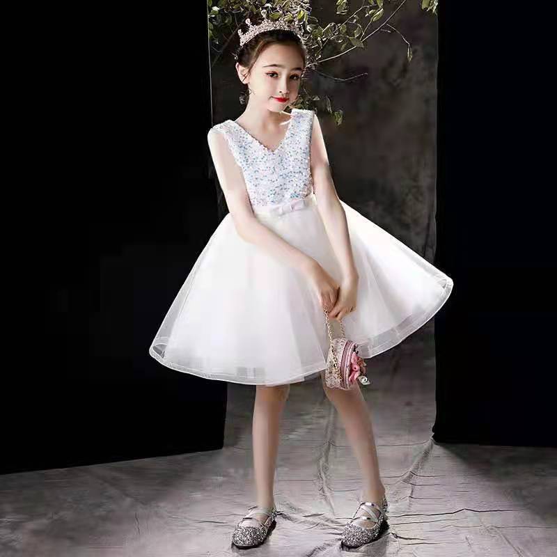 Girls' evening dress, children's host princess dress, fluffy long sleeved dress, sequined runway show performance, autumn and winter