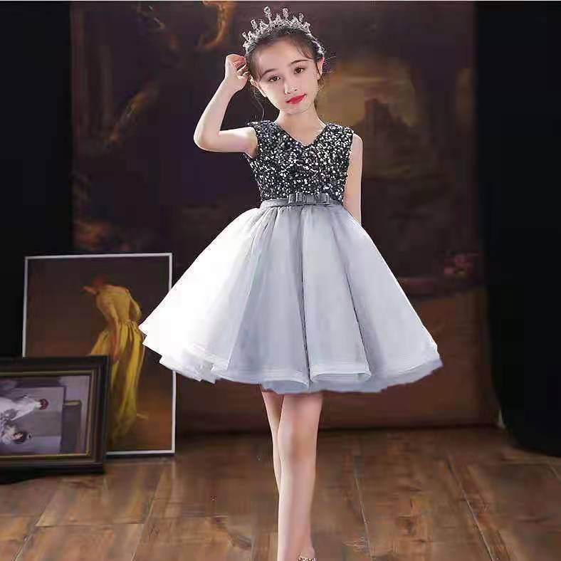 Girls' evening dress, children's host princess dress, fluffy long sleeved dress, sequined runway show performance, autumn and winter