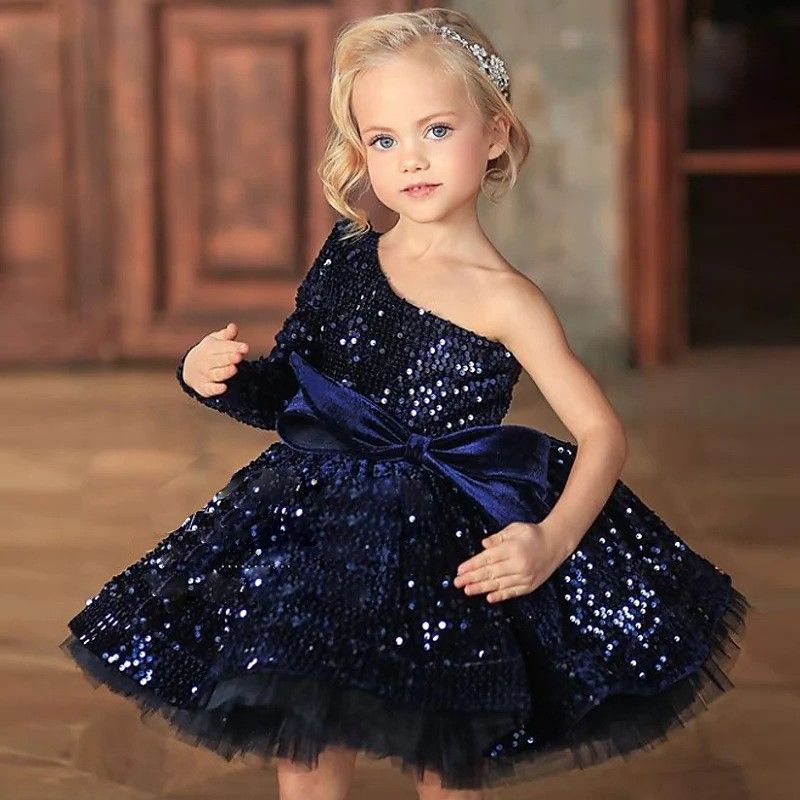 Girls' evening dress, children's host princess dress, fluffy long sleeved dress, sequined runway show performance, autumn and winter