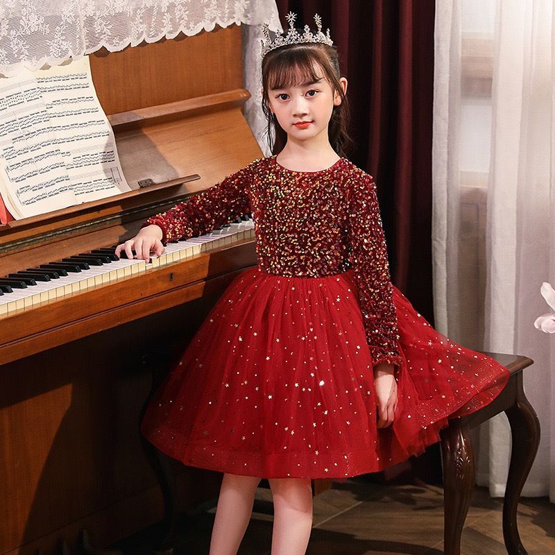 Girls' evening dress, children's host princess dress, fluffy long sleeved dress, sequined runway show performance, autumn and winter