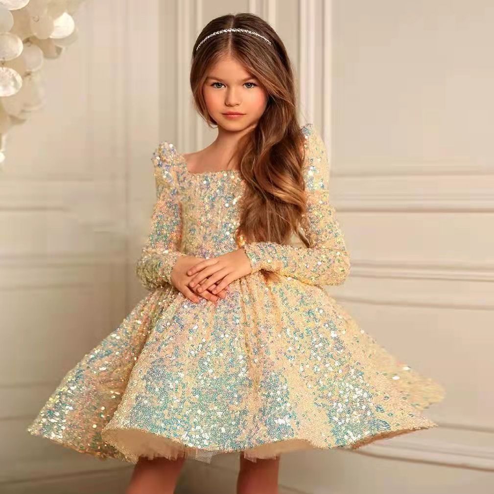 Girls' evening dress, children's host princess dress, fluffy long sleeved dress, sequined runway show performance, autumn and winter