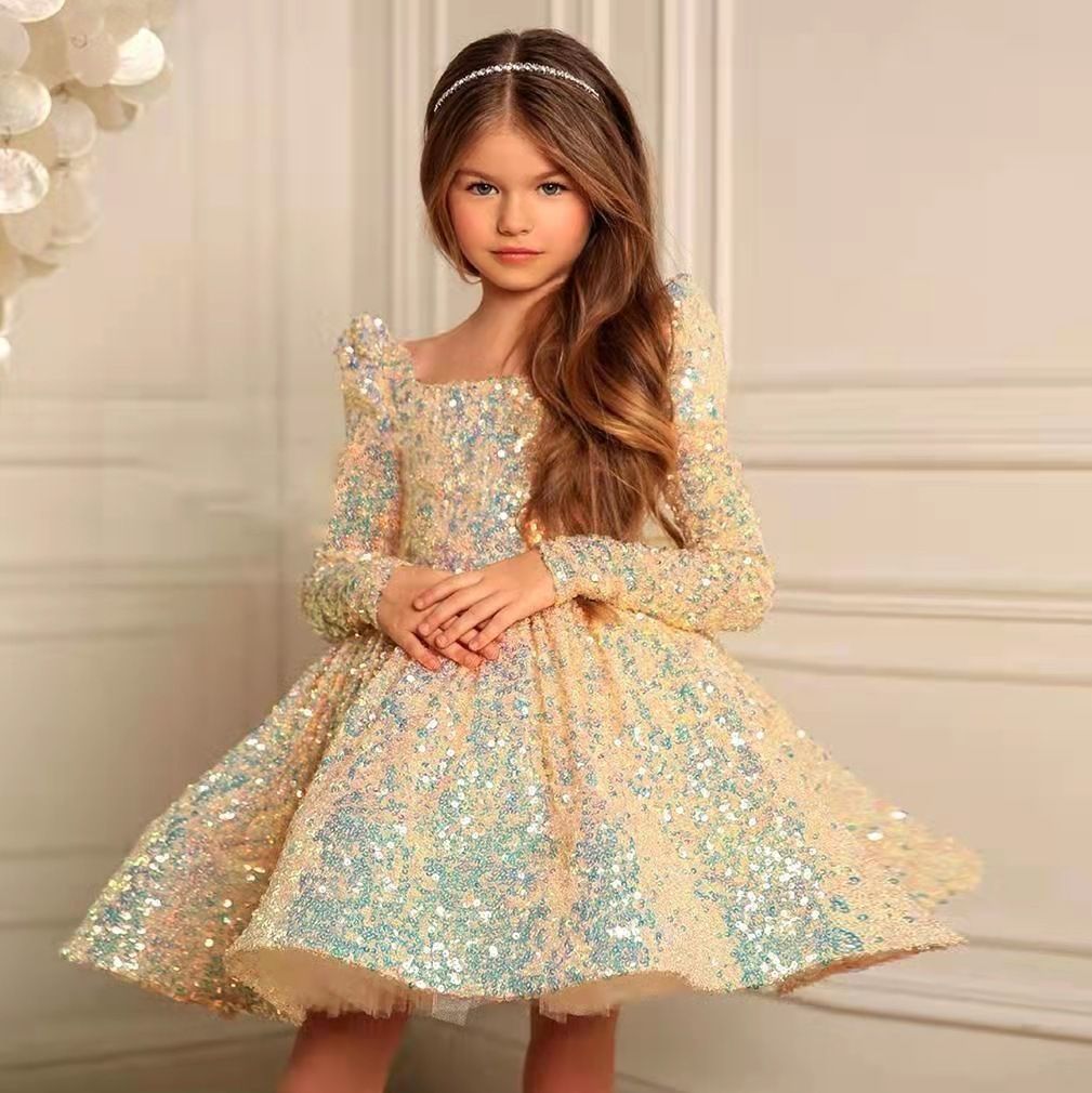 Girls' evening dress, children's host princess dress, fluffy long sleeved dress, sequined runway show performance, autumn and winter