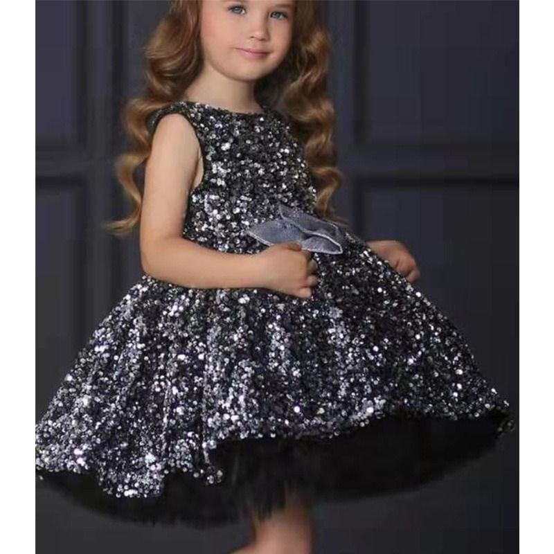 Girls' evening dress, children's host princess dress, fluffy long sleeved dress, sequined runway show performance, autumn and winter