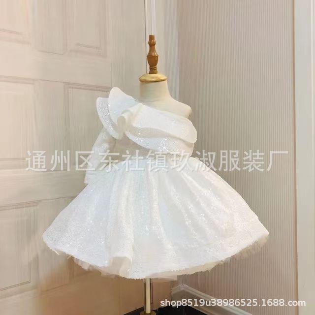 Girls' evening dress, children's host princess dress, fluffy long sleeved dress, sequined runway show performance, autumn and winter