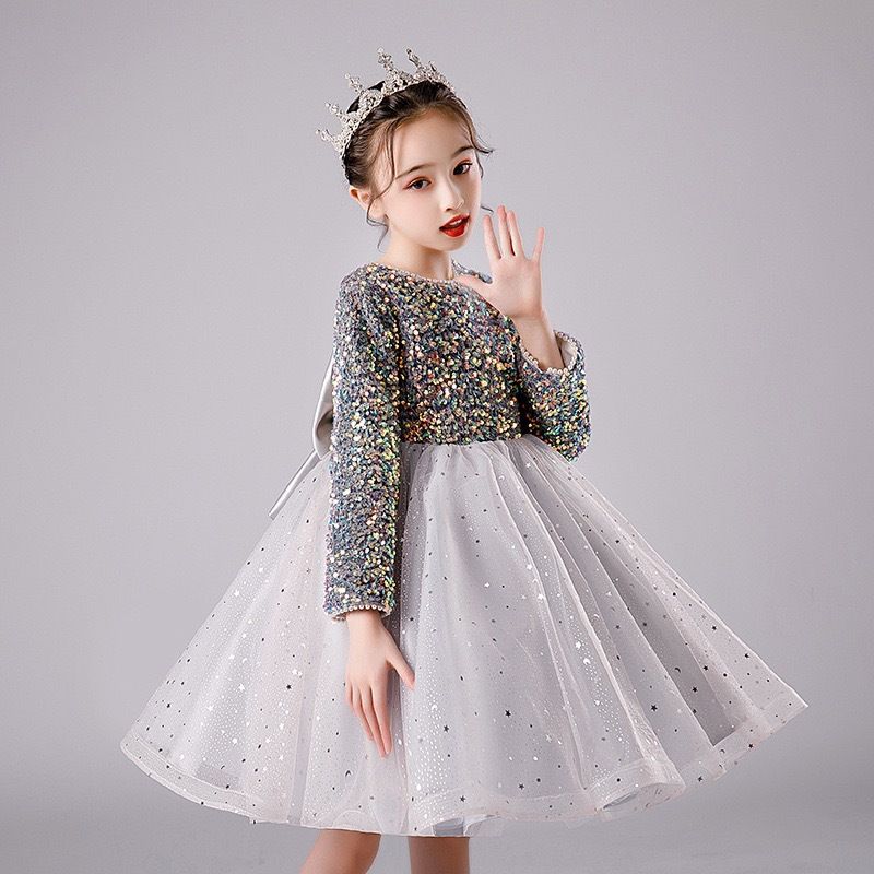 Girls' evening dress, children's host princess dress, fluffy long sleeved dress, sequined runway show performance, autumn and winter