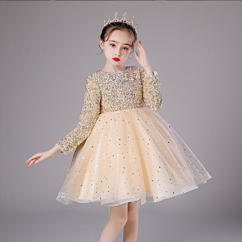 Girls' evening dress, children's host princess dress, fluffy long sleeved dress, sequined runway show performance, autumn and winter