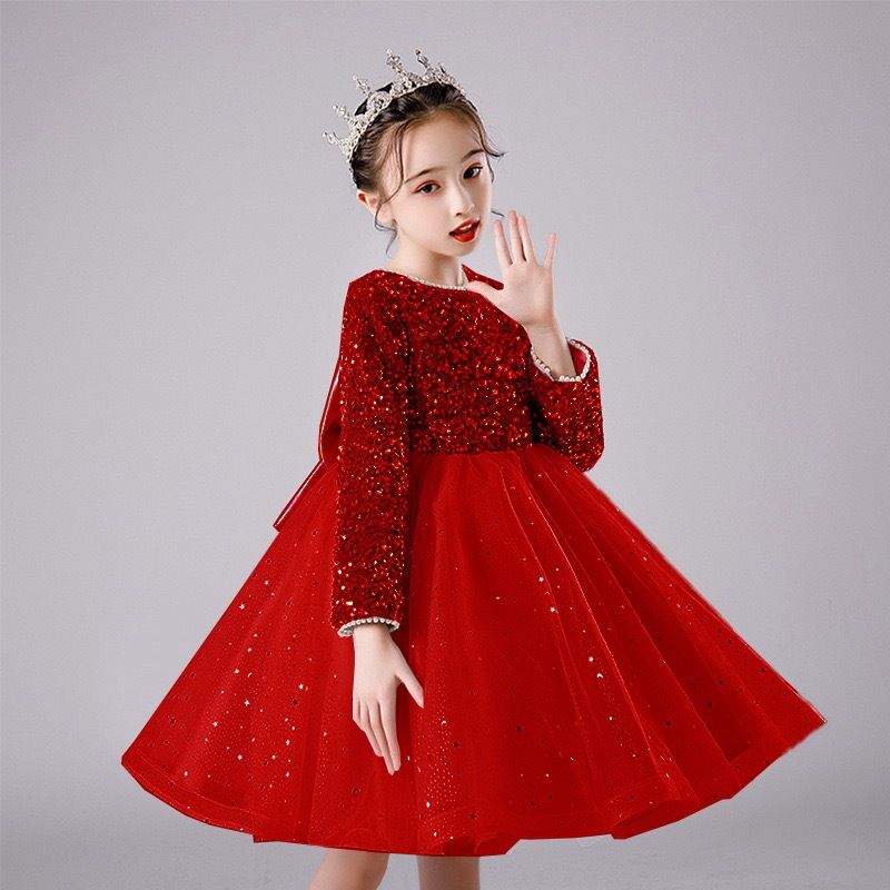 Girls' evening dress, children's host princess dress, fluffy long sleeved dress, sequined runway show performance, autumn and winter