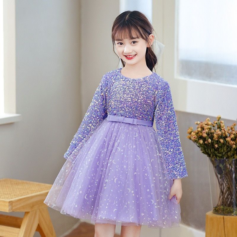Girls' evening dress, children's host princess dress, fluffy long sleeved dress, sequined runway show performance, autumn and winter