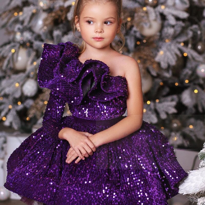 Girls' evening dress, children's host princess dress, fluffy long sleeved dress, sequined runway show performance, autumn and winter