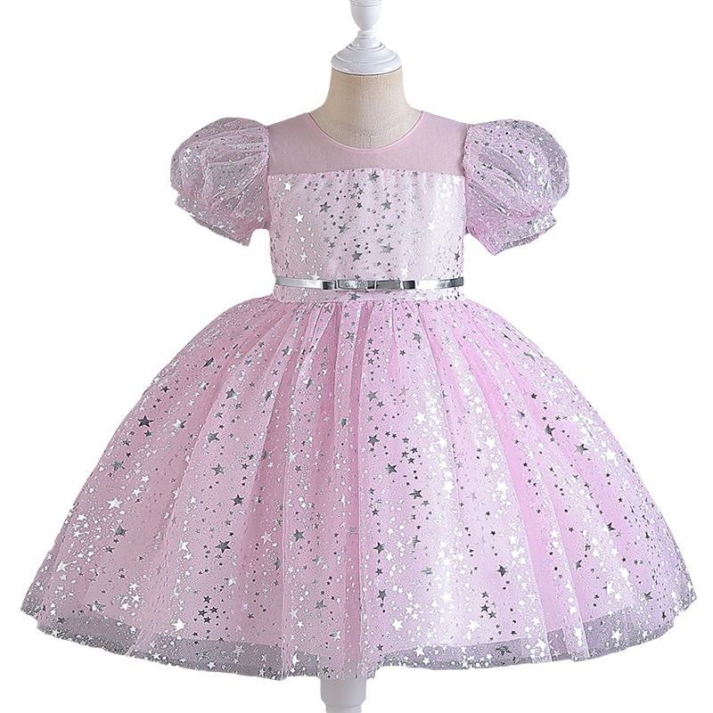 New Foreign Trade Children's Puff Skirt with sequins Wedding Dress for Girls and Babies One Year Old Bubble Sleeve Dress Performance Dress