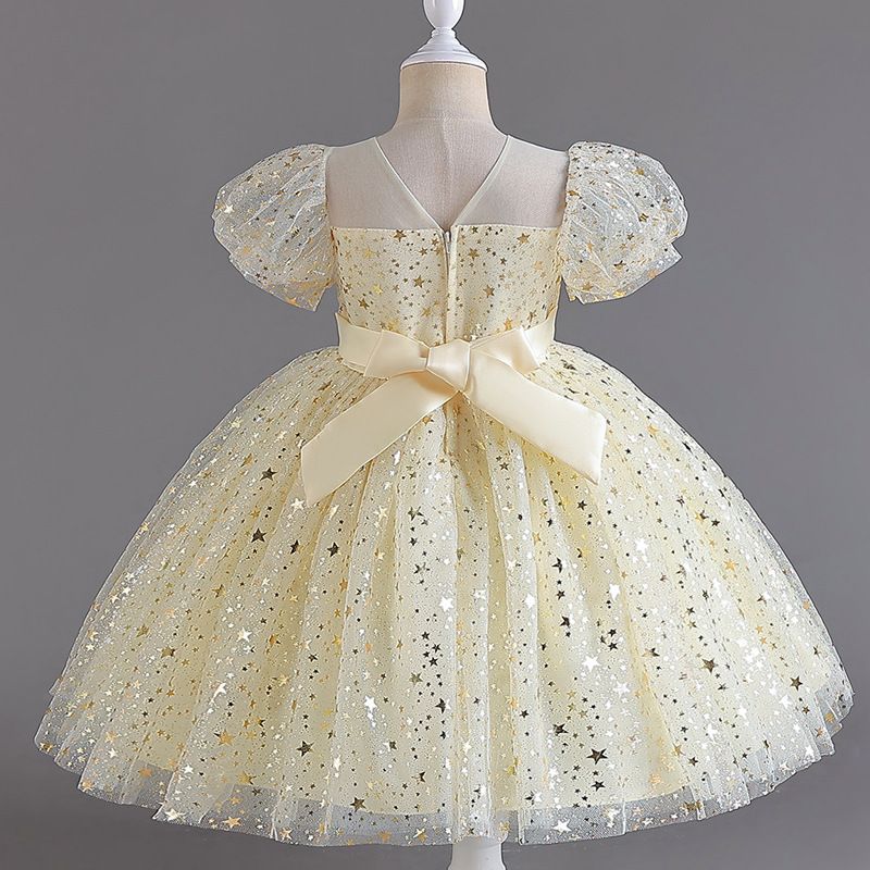 New Foreign Trade Children's Puff Skirt with sequins Wedding Dress for Girls and Babies One Year Old Bubble Sleeve Dress Performance Dress