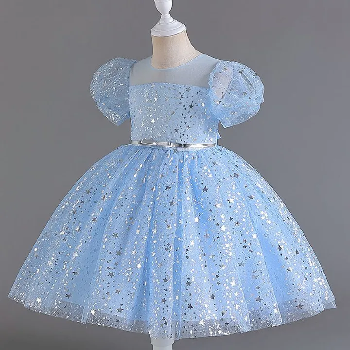 New Foreign Trade Children's Puff Skirt with sequins Wedding Dress for Girls and Babies One Year Old Bubble Sleeve Dress Performance Dress