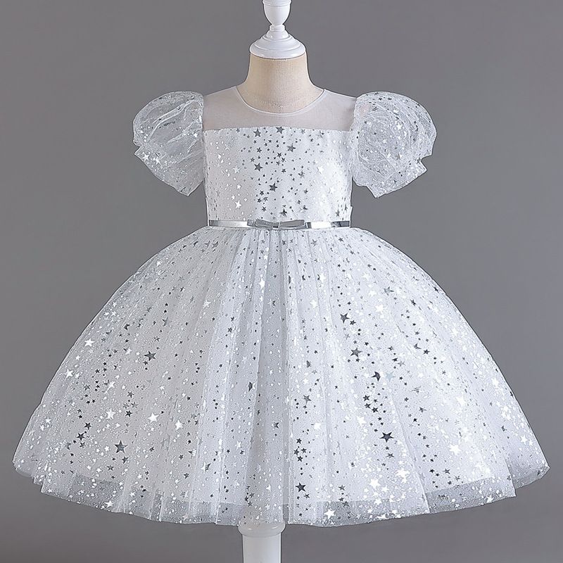 New Foreign Trade Children's Puff Skirt with sequins Wedding Dress for Girls and Babies One Year Old Bubble Sleeve Dress Performance Dress
